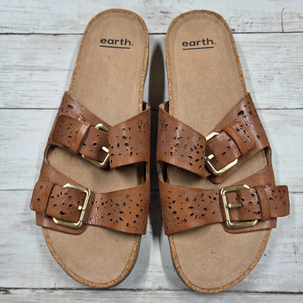 Earth Sandals Women 9.5W Brown Antigua Leather Floral Laser Cut Slide Buckle